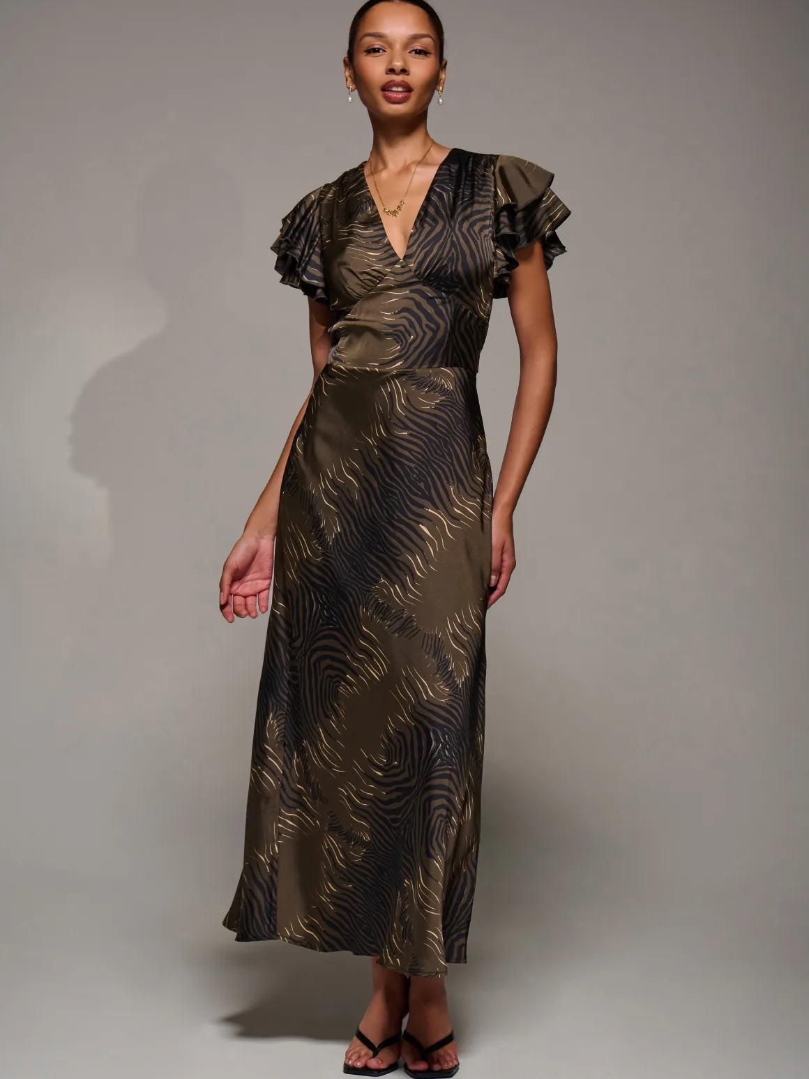 Ruffle Sleeve Print Satin Maxi Dress, Brown Animal