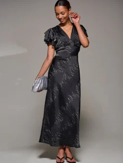 Ruffle Sleeve Print Satin Maxi Dress, Grey Animal