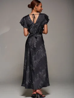 Ruffle Sleeve Print Satin Maxi Dress, Grey Animal