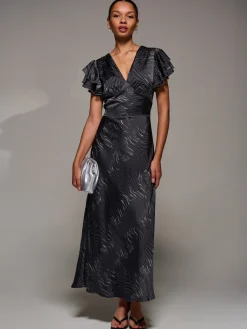 Ruffle Sleeve Print Satin Maxi Dress, Grey Animal
