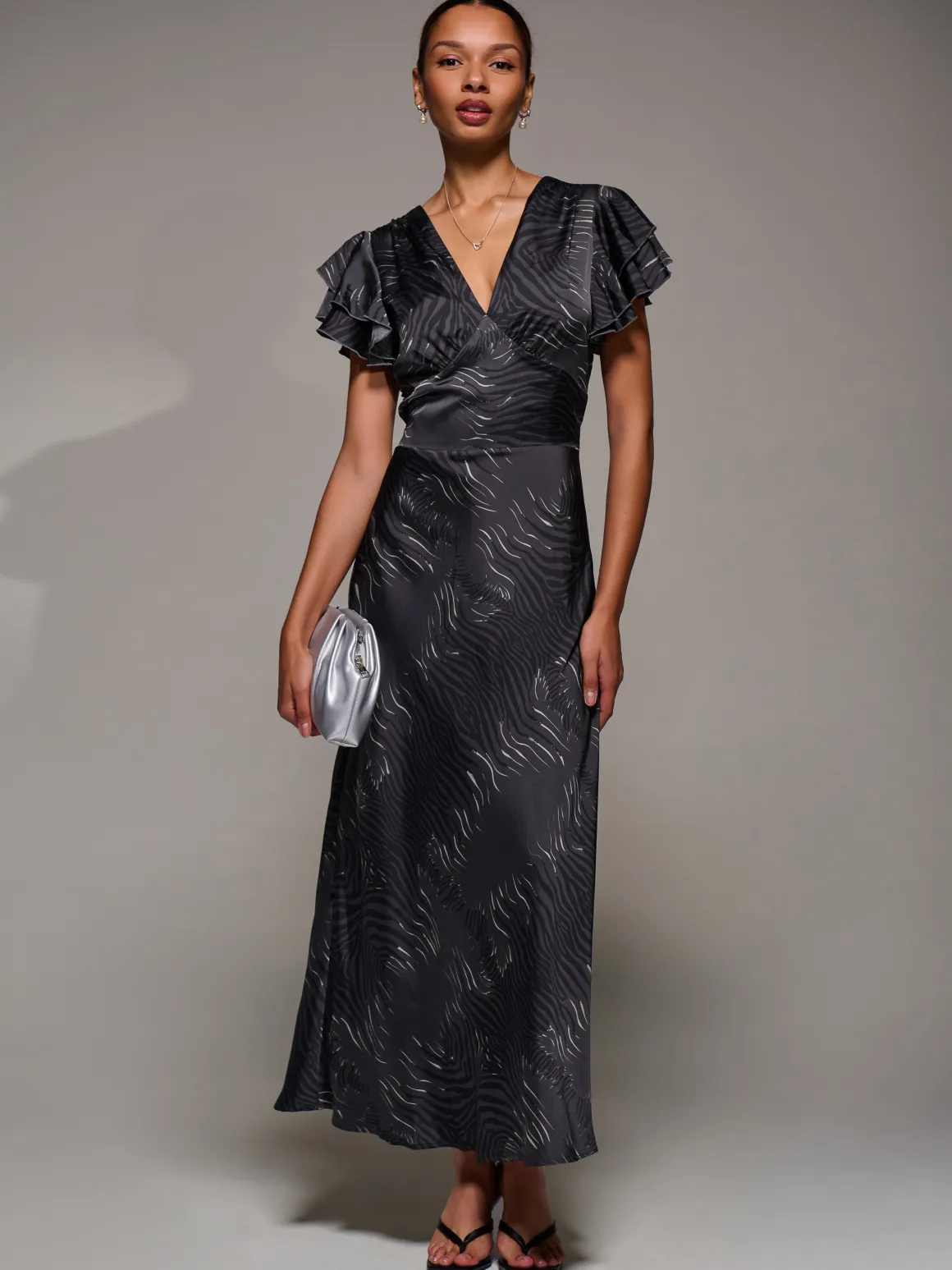 Ruffle Sleeve Print Satin Maxi Dress, Grey Animal