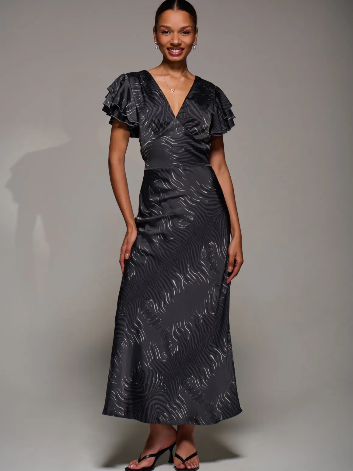 Ruffle Sleeve Print Satin Maxi Dress, Grey Animal