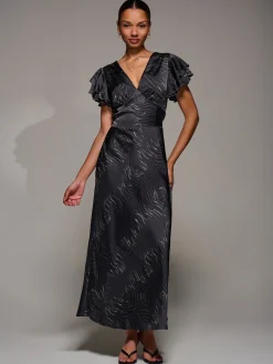 Ruffle Sleeve Print Satin Maxi Dress, Grey Animal