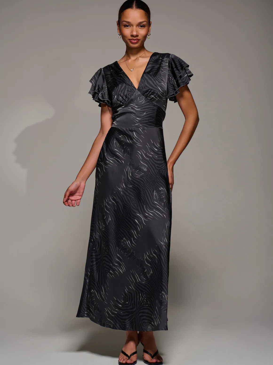 Ruffle Sleeve Print Satin Maxi Dress, Grey Animal