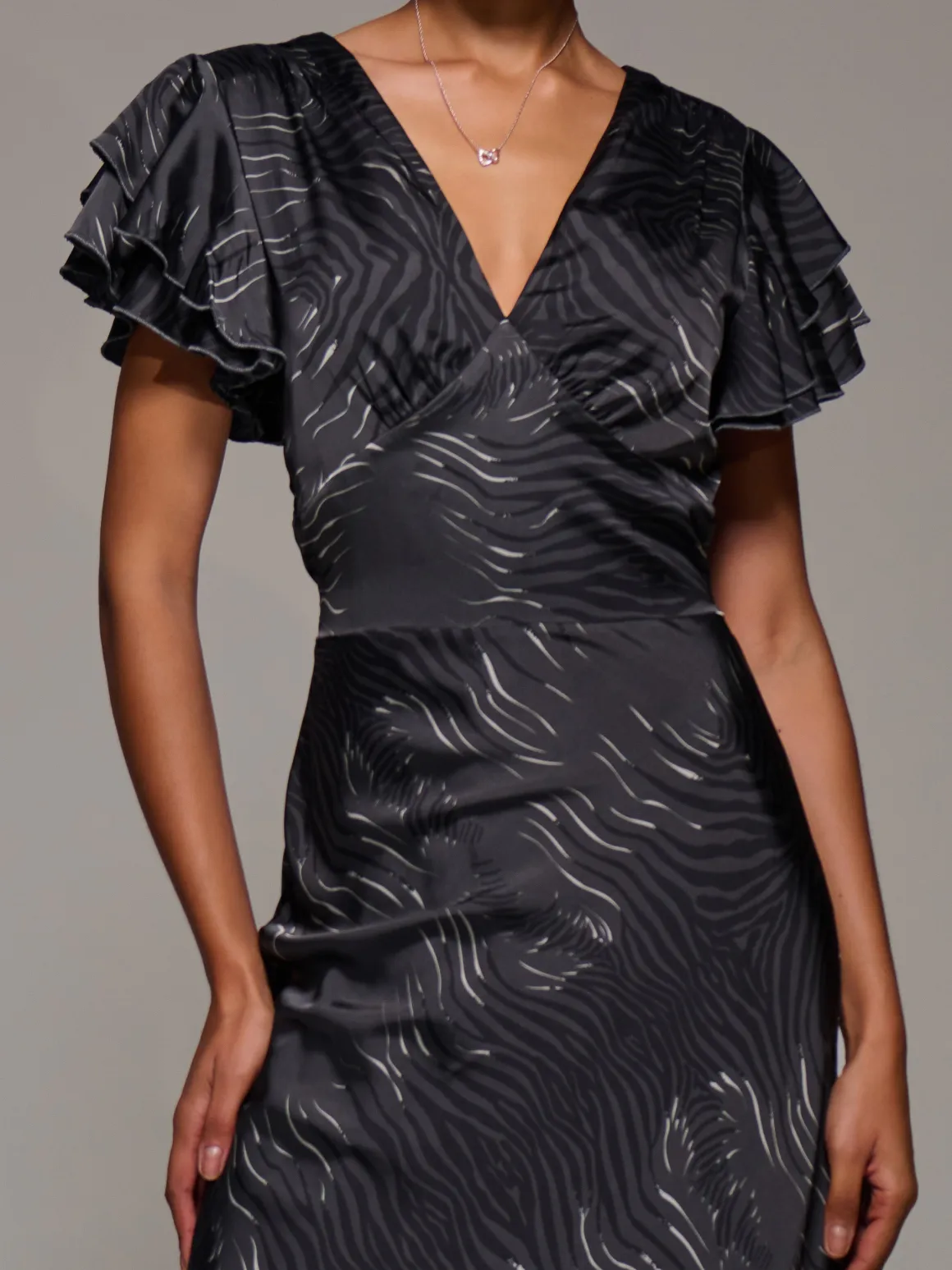 Ruffle Sleeve Print Satin Maxi Dress, Grey Animal