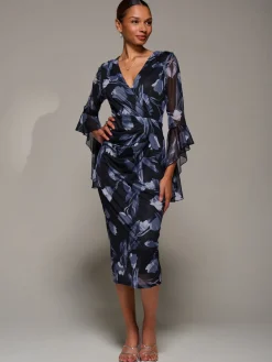 Ruffle Sleeve Ruched Mesh Bodycon Dress, Black Floral