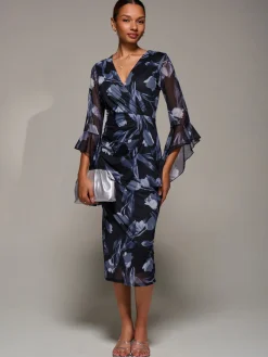 Ruffle Sleeve Ruched Mesh Bodycon Dress, Black Floral