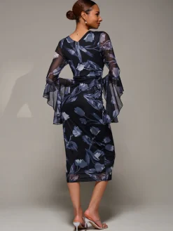 Ruffle Sleeve Ruched Mesh Bodycon Dress, Black Floral