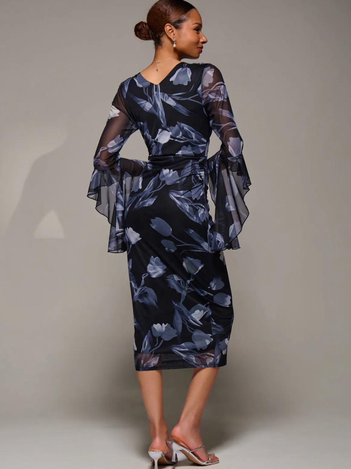 Ruffle Sleeve Ruched Mesh Bodycon Dress, Black Floral
