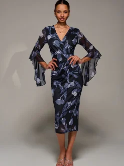 Ruffle Sleeve Ruched Mesh Bodycon Dress, Black Floral