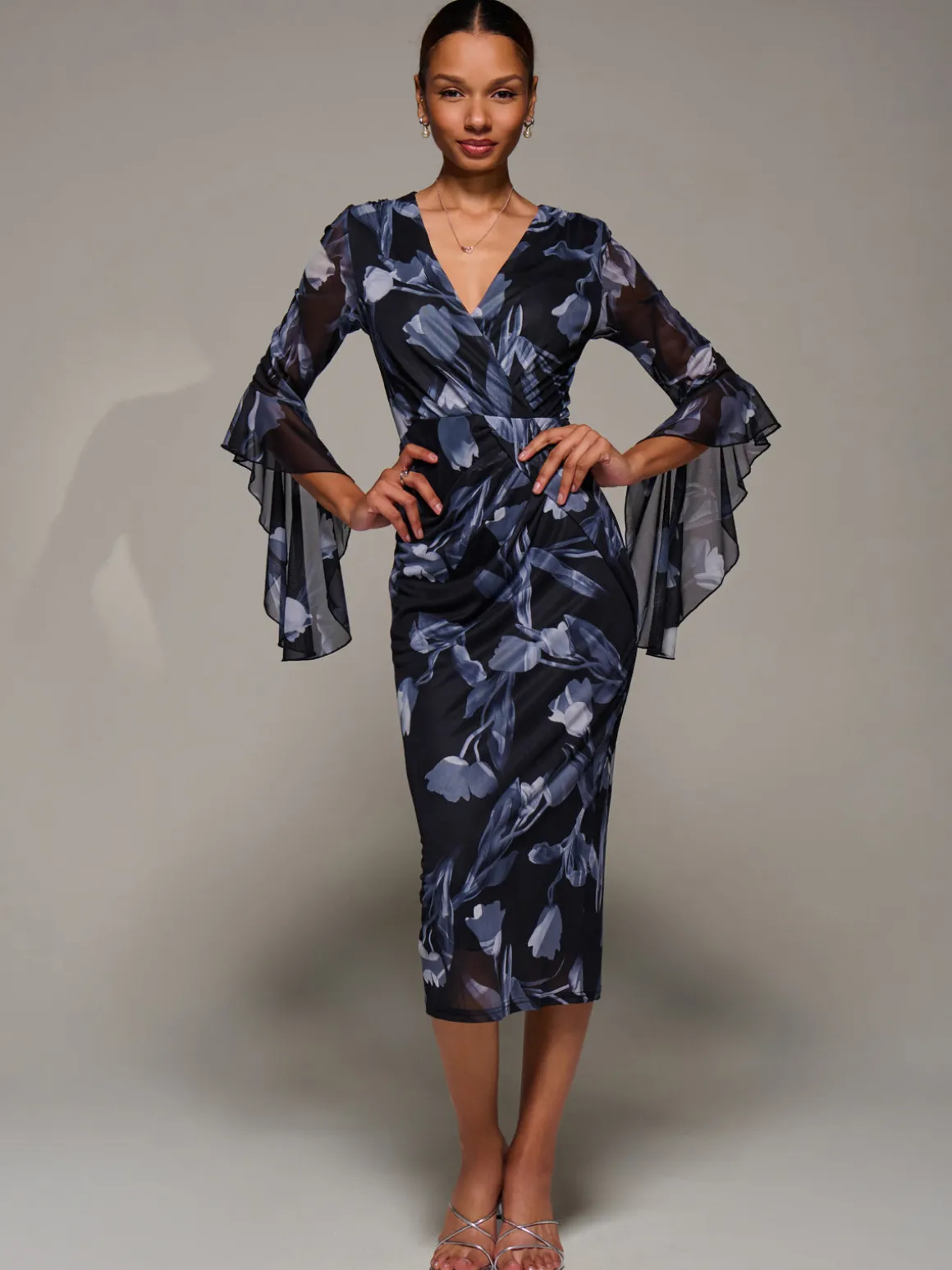 Ruffle Sleeve Ruched Mesh Bodycon Dress, Black Floral