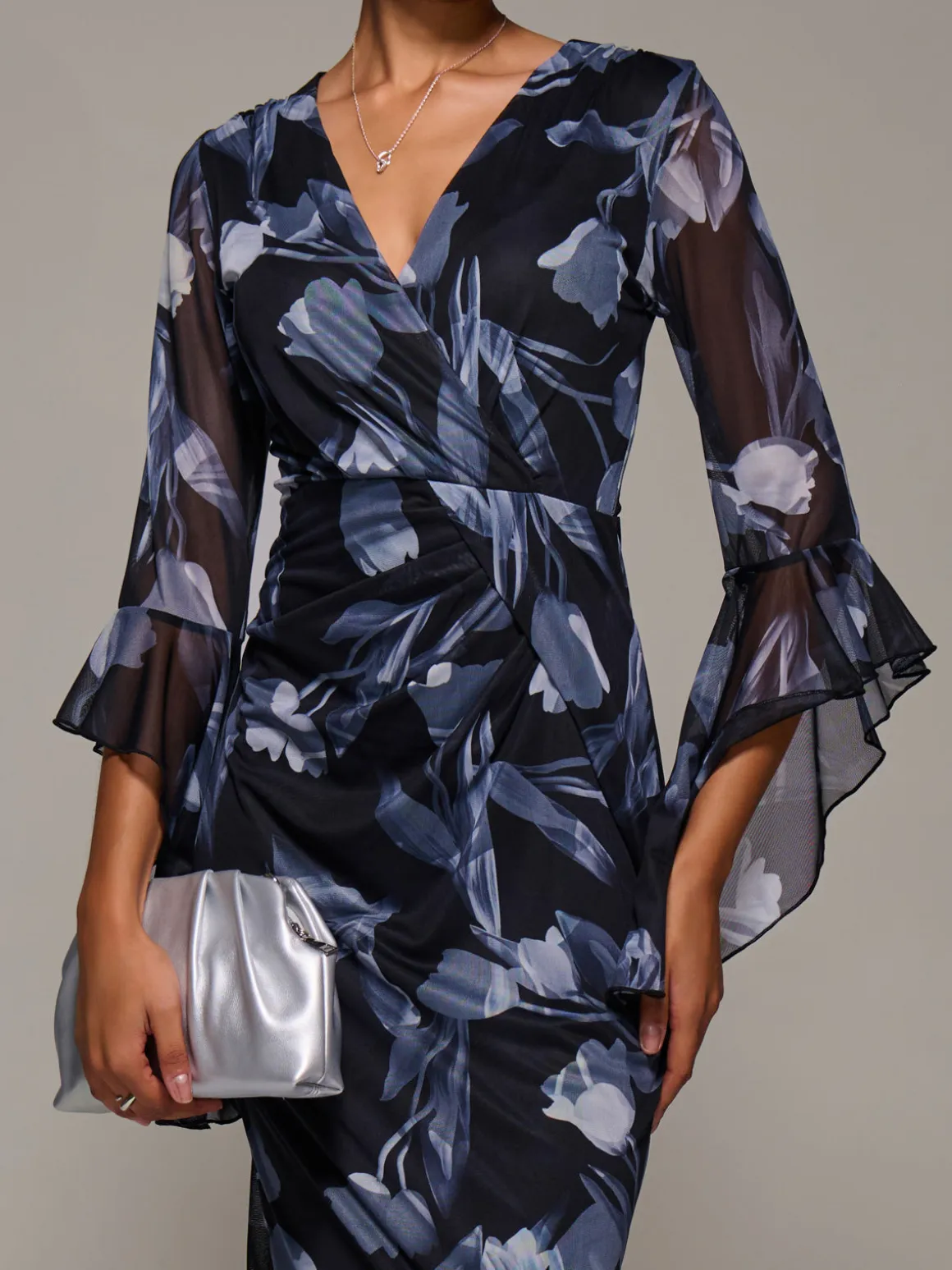 Ruffle Sleeve Ruched Mesh Bodycon Dress, Black Floral
