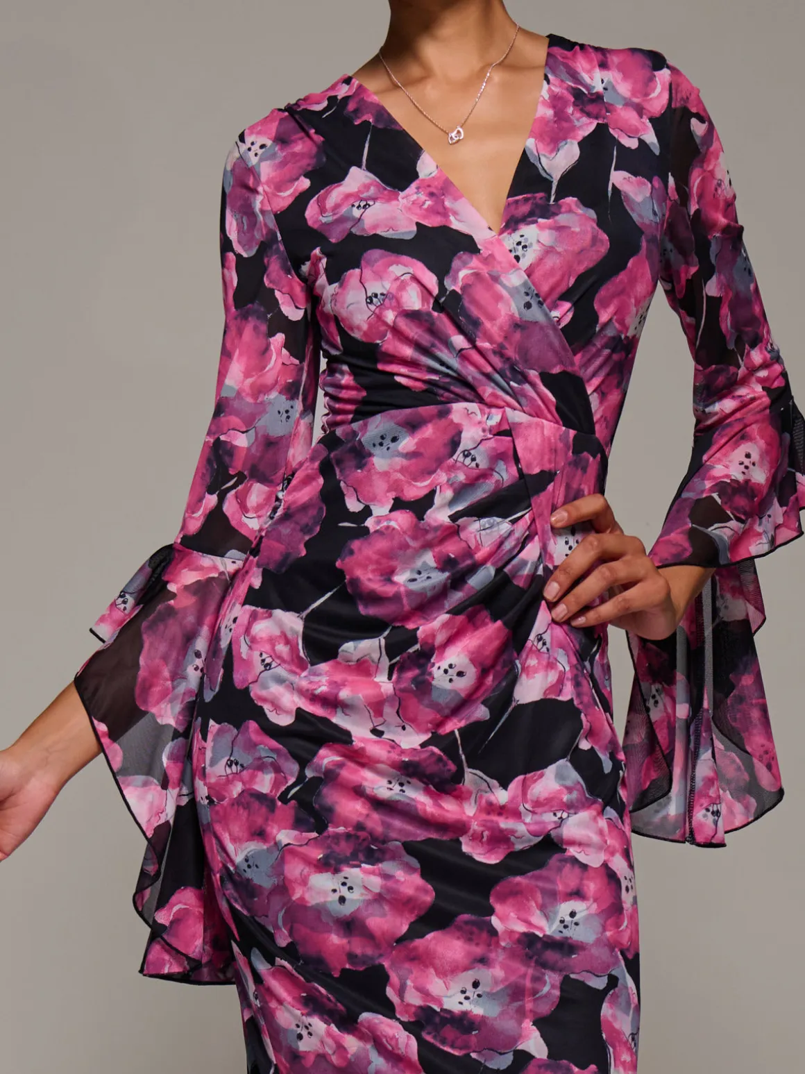 Ruffle Sleeve Ruched Mesh Bodycon Dress, Pink Floral