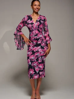 Ruffle Sleeve Ruched Mesh Bodycon Dress, Pink Floral