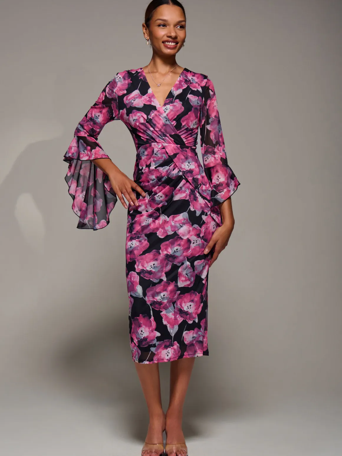 Ruffle Sleeve Ruched Mesh Bodycon Dress, Pink Floral