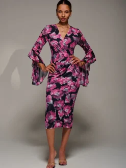 Ruffle Sleeve Ruched Mesh Bodycon Dress, Pink Floral