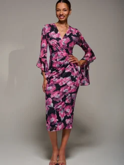 Ruffle Sleeve Ruched Mesh Bodycon Dress, Pink Floral