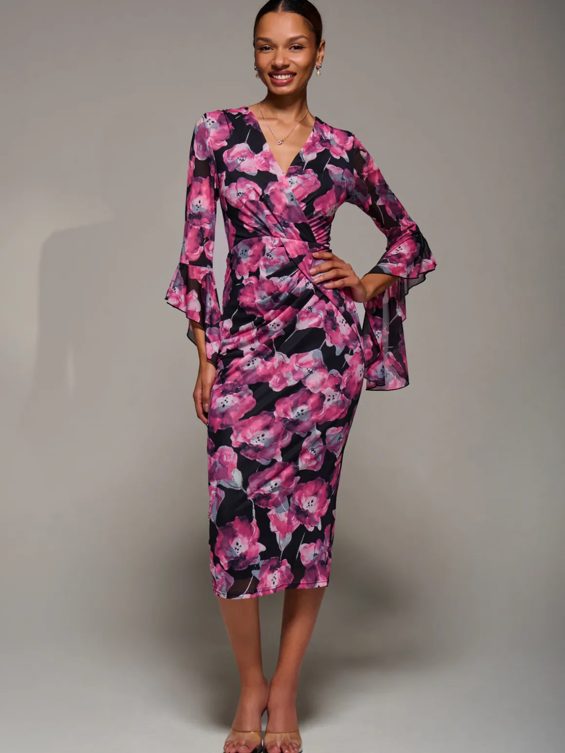 Ruffle Sleeve Ruched Mesh Bodycon Dress, Pink Floral