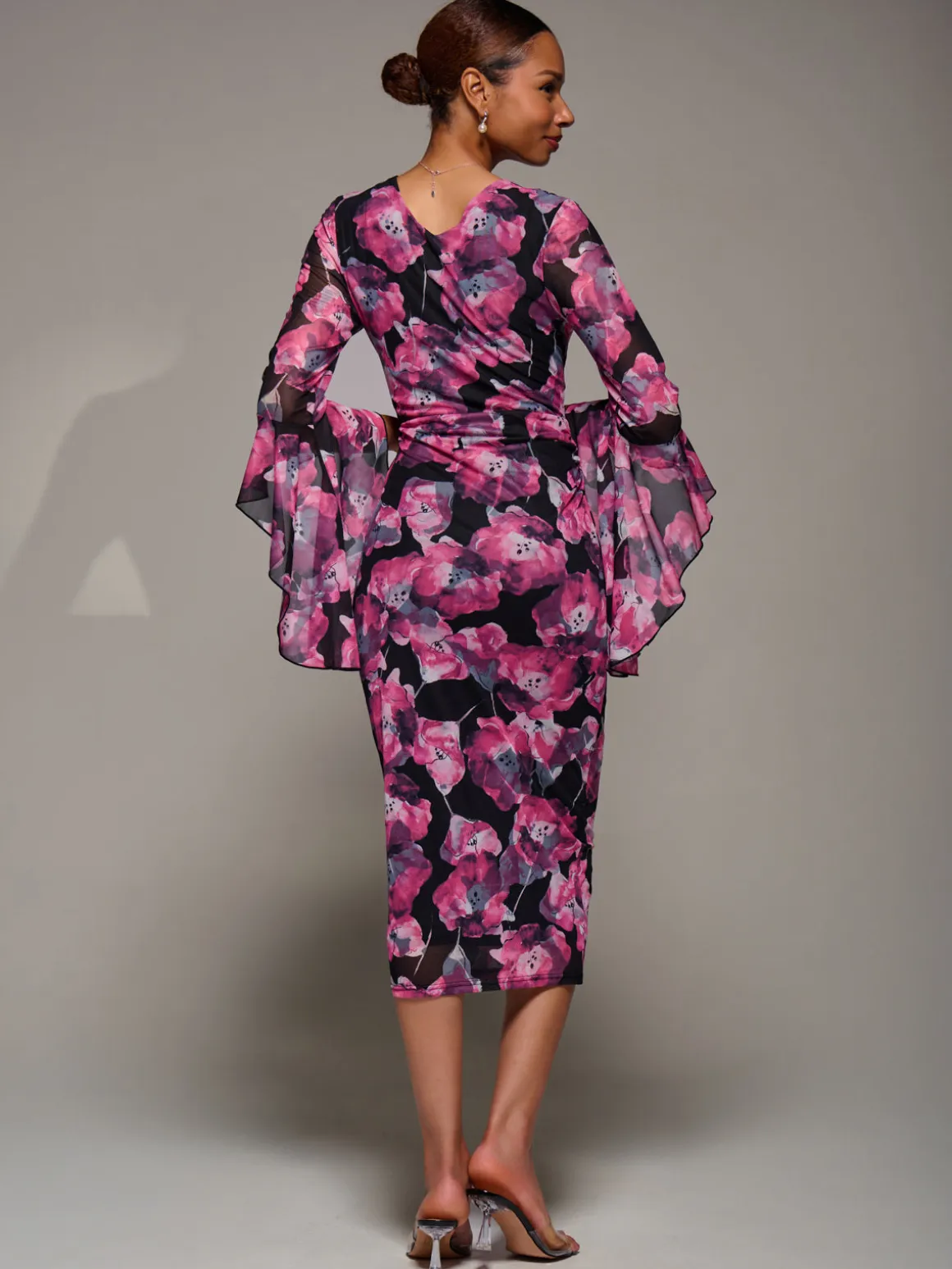 Ruffle Sleeve Ruched Mesh Bodycon Dress, Pink Floral