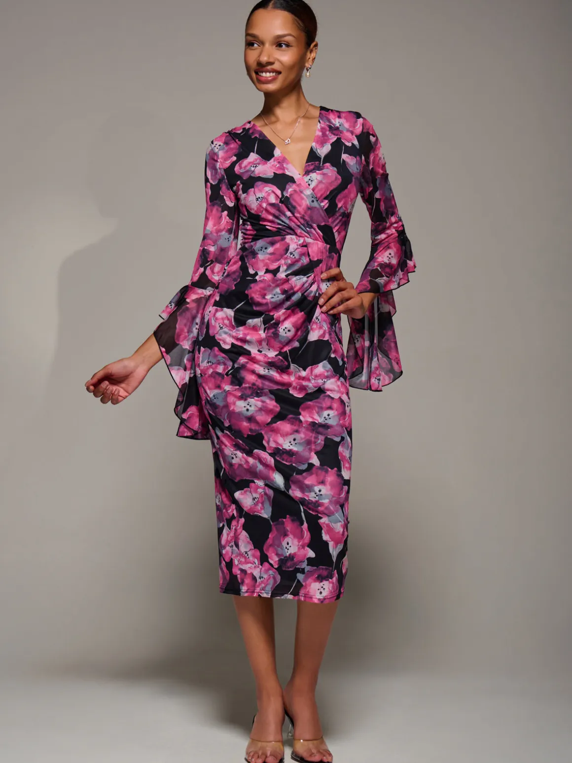 Ruffle Sleeve Ruched Mesh Bodycon Dress, Pink Floral