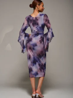 Ruffle Sleeve Ruched Mesh Bodycon Dress, Purple Abstract