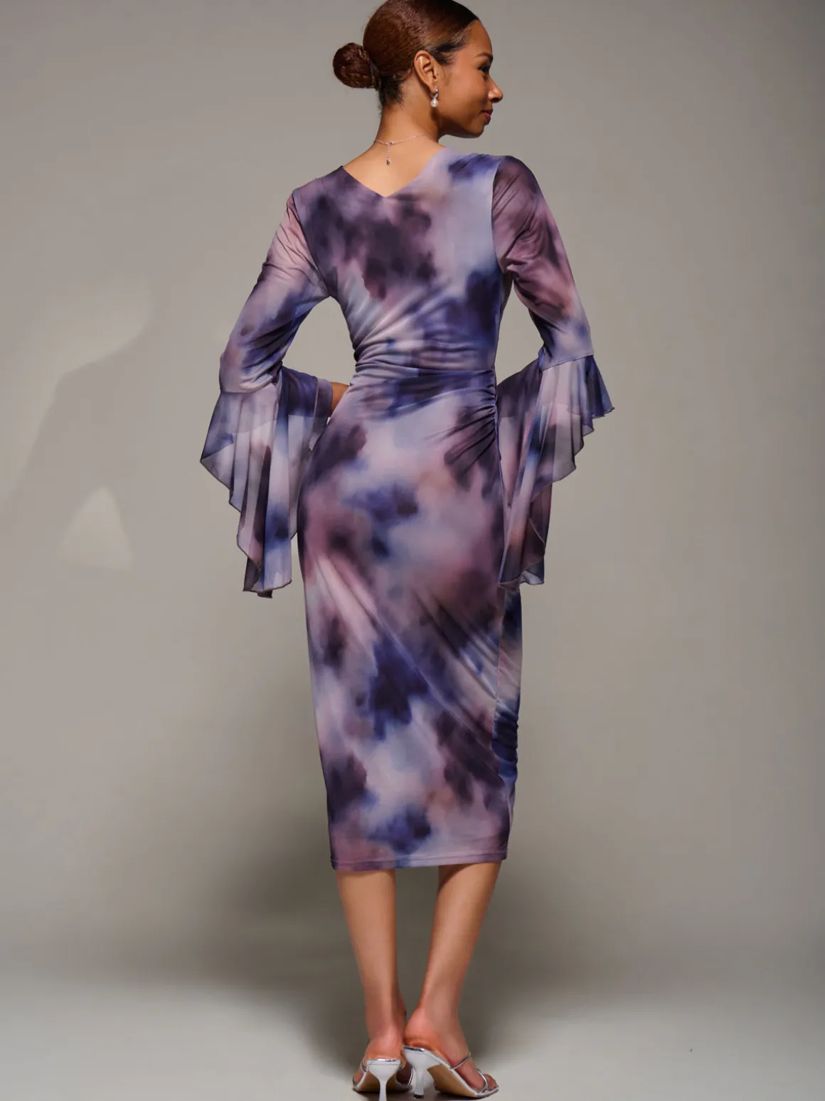 Ruffle Sleeve Ruched Mesh Bodycon Dress, Purple Abstract
