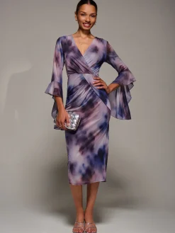 Ruffle Sleeve Ruched Mesh Bodycon Dress, Purple Abstract