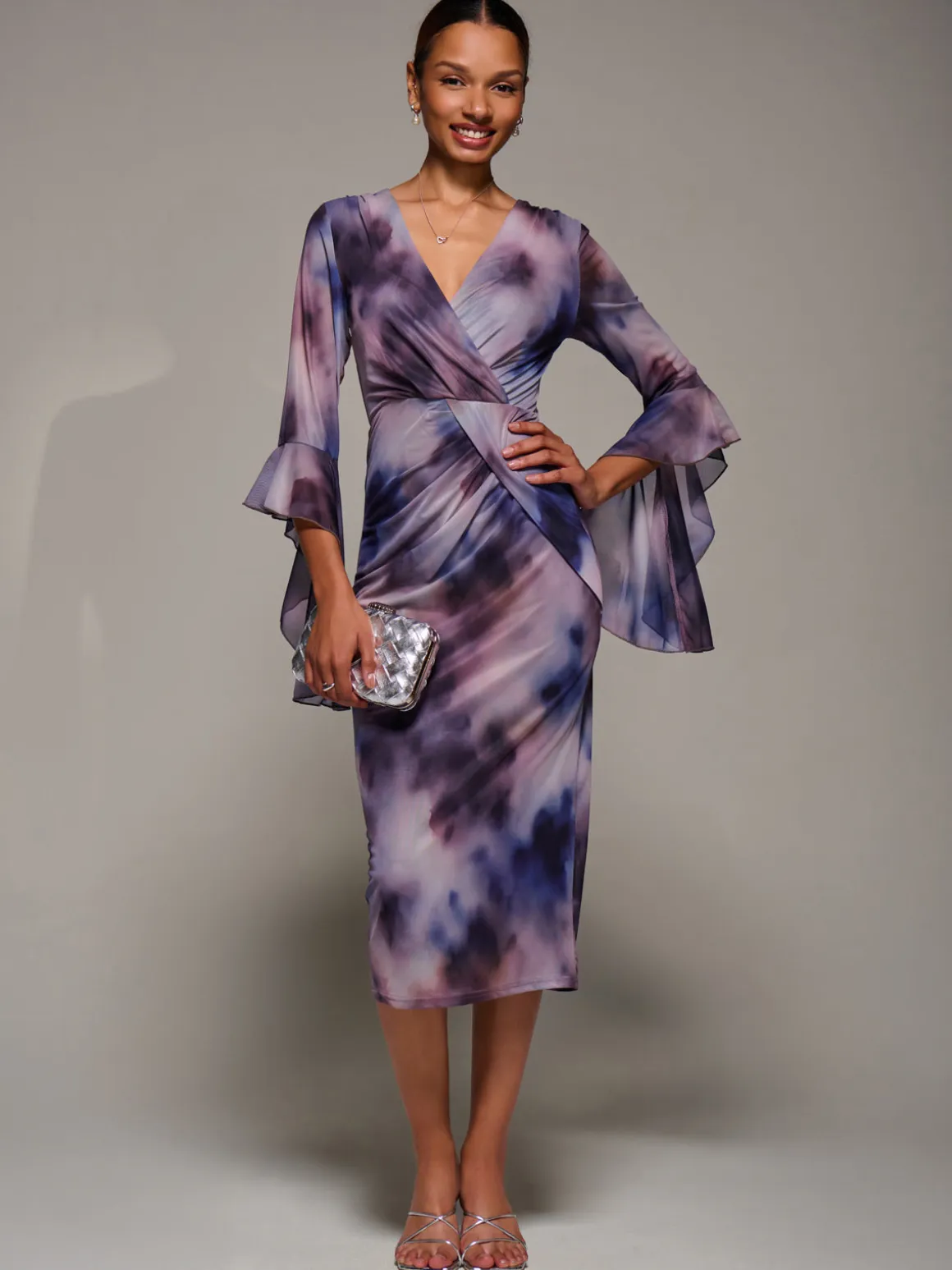 Ruffle Sleeve Ruched Mesh Bodycon Dress, Purple Abstract