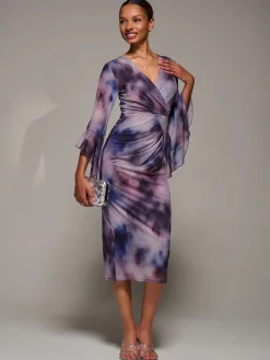 Ruffle Sleeve Ruched Mesh Bodycon Dress, Purple Abstract