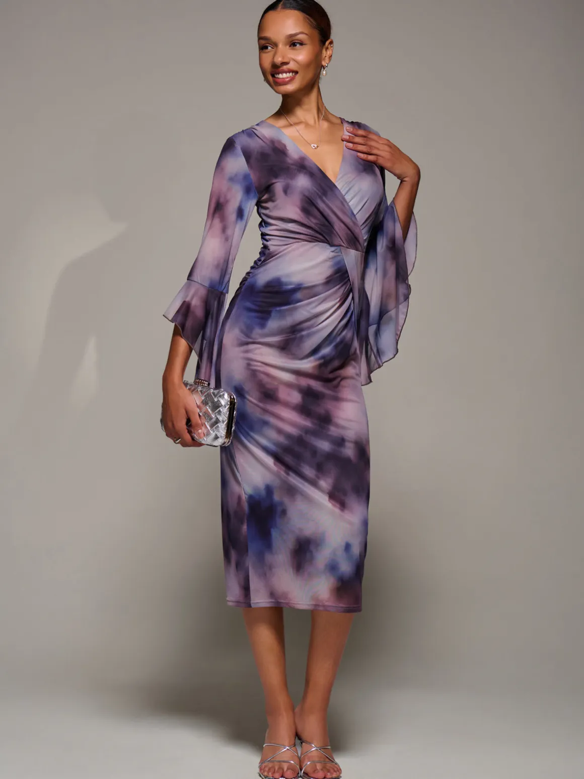 Ruffle Sleeve Ruched Mesh Bodycon Dress, Purple Abstract