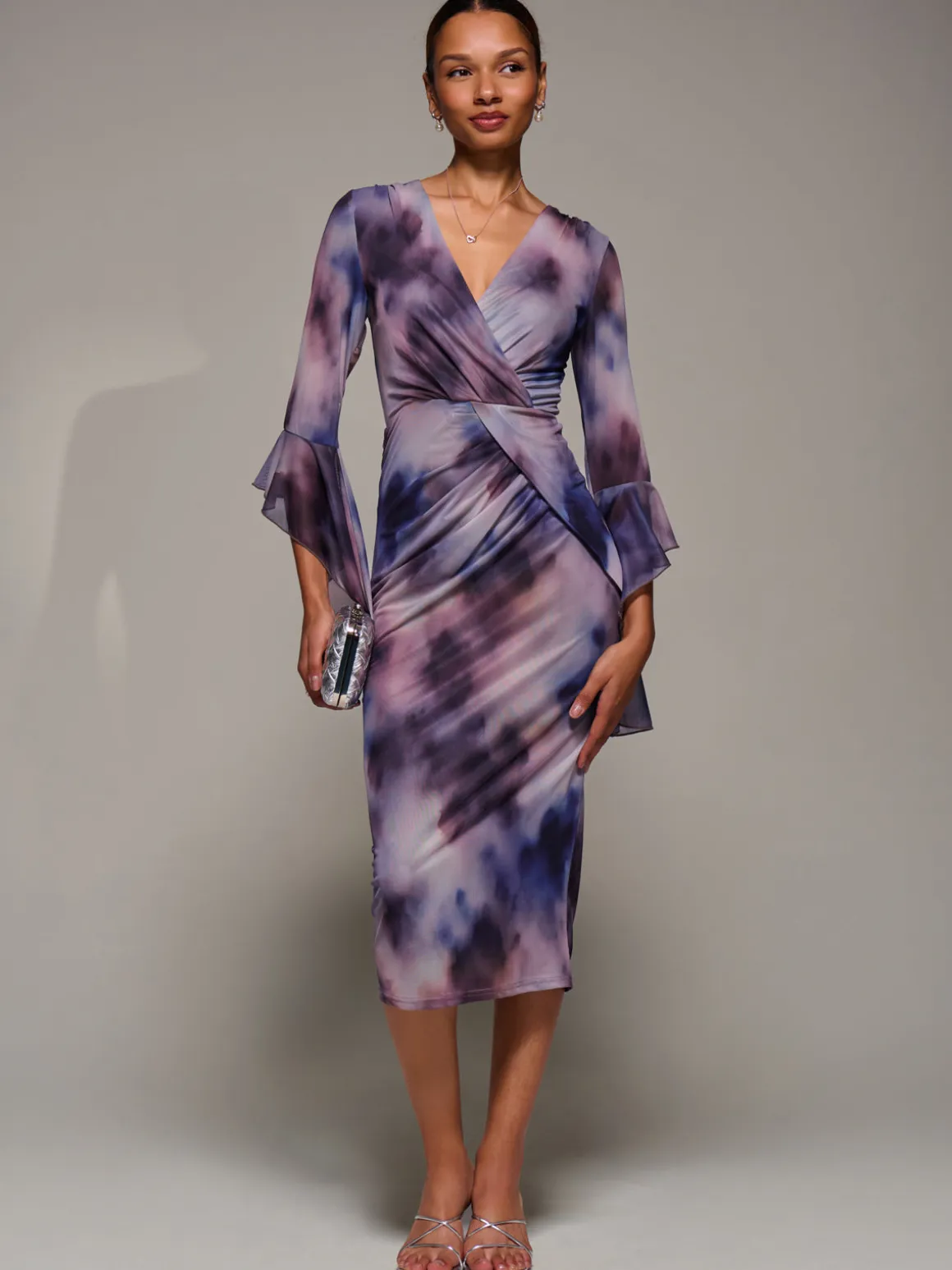 Ruffle Sleeve Ruched Mesh Bodycon Dress, Purple Abstract