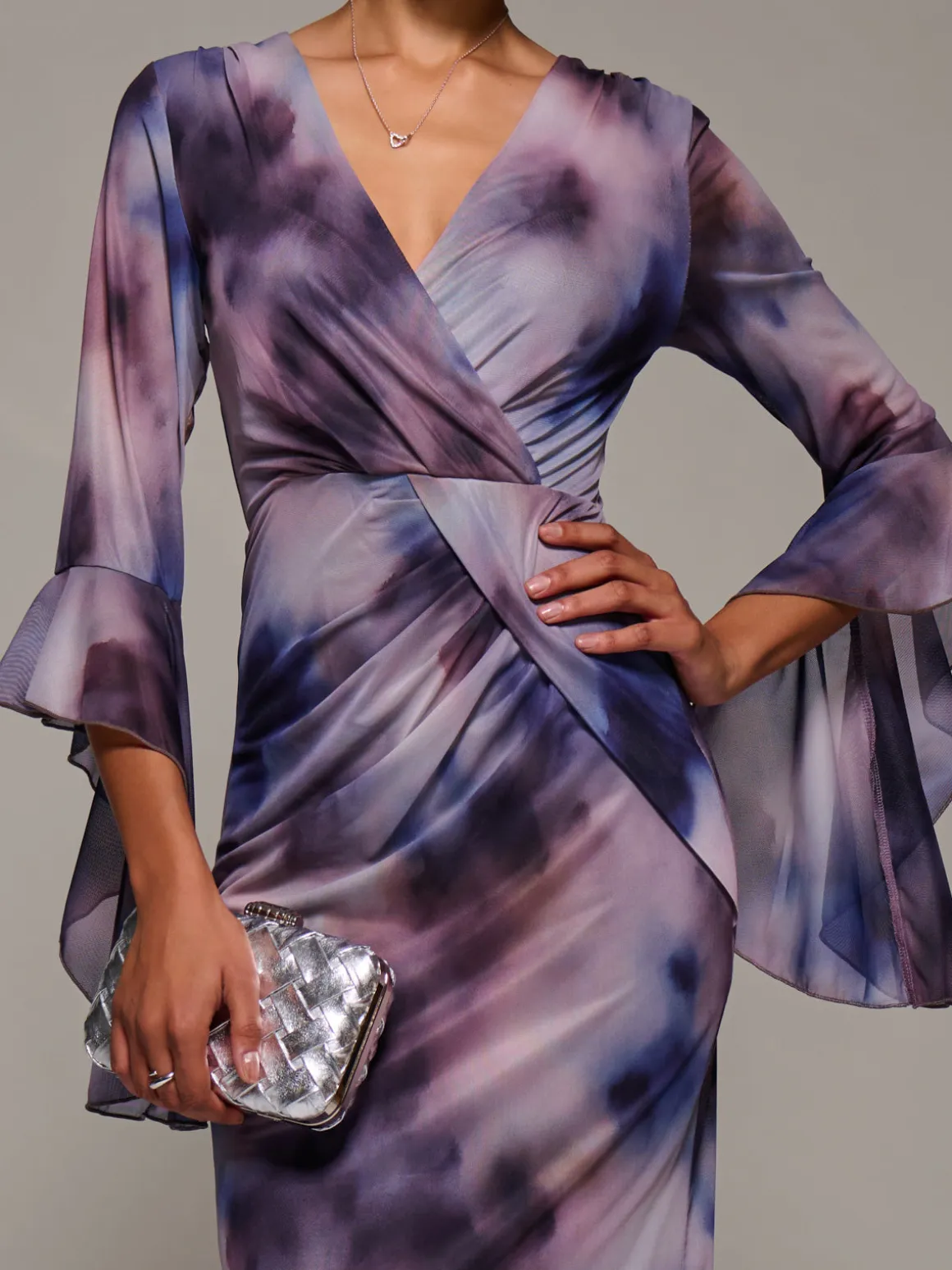 Ruffle Sleeve Ruched Mesh Bodycon Dress, Purple Abstract
