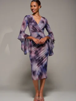 Ruffle Sleeve Ruched Mesh Bodycon Dress, Purple Abstract