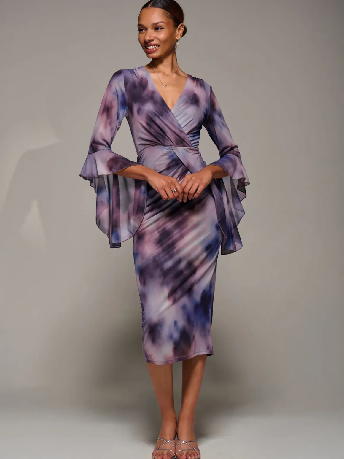 Ruffle Sleeve Ruched Mesh Bodycon Dress, Purple Abstract