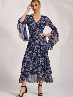 Ruffle Sleeve Tiered Mesh Midaxi Dress, Black Floral