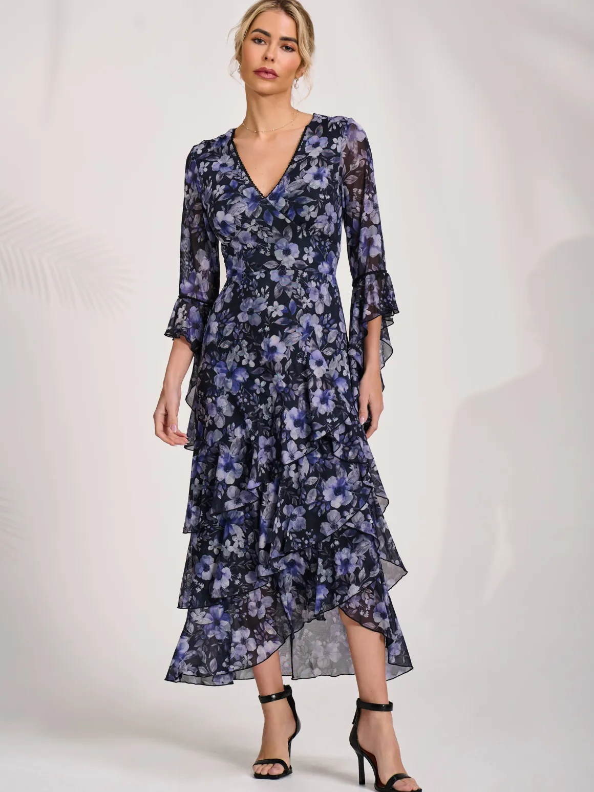 Ruffle Sleeve Tiered Mesh Midaxi Dress, Black Floral