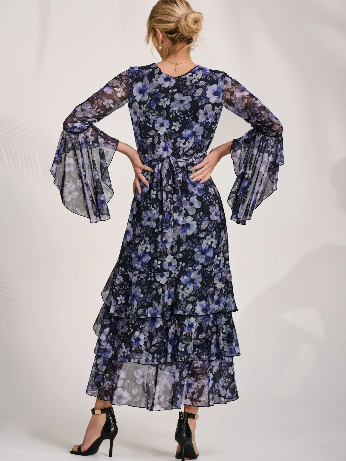 Ruffle Sleeve Tiered Mesh Midaxi Dress, Black Floral