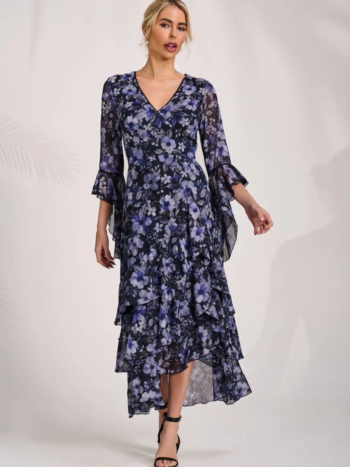 Ruffle Sleeve Tiered Mesh Midaxi Dress, Black Floral