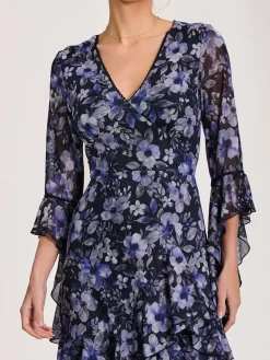Ruffle Sleeve Tiered Mesh Midaxi Dress, Black Floral