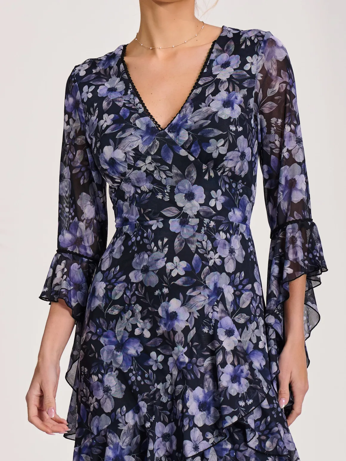 Ruffle Sleeve Tiered Mesh Midaxi Dress, Black Floral