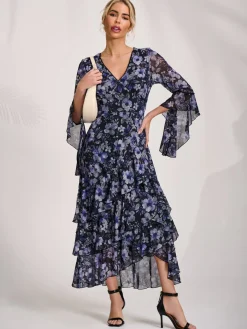 Ruffle Sleeve Tiered Mesh Midaxi Dress, Black Floral