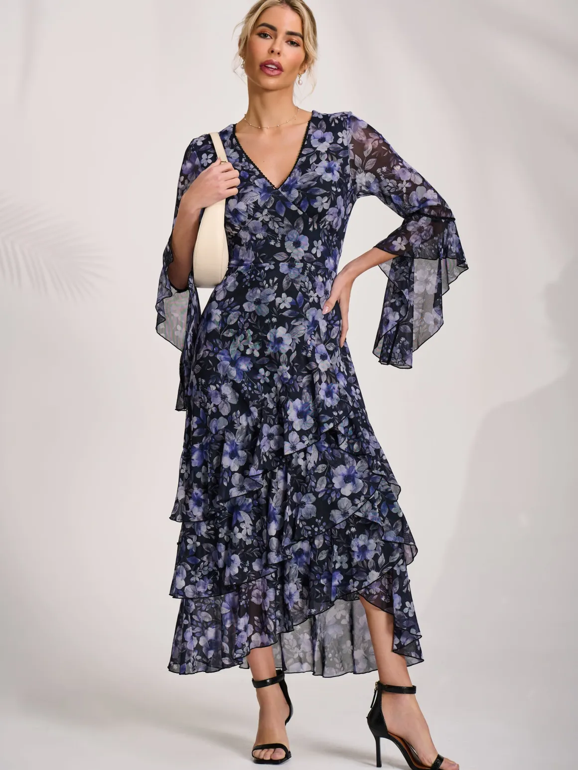 Ruffle Sleeve Tiered Mesh Midaxi Dress, Black Floral