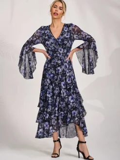 Ruffle Sleeve Tiered Mesh Midaxi Dress, Black Floral