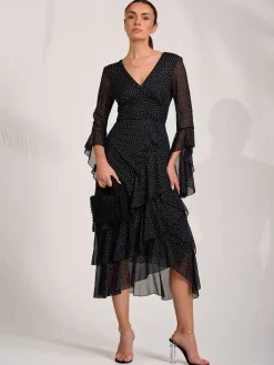 Ruffle Sleeve Tiered Mesh Midaxi Dress, Black Spot