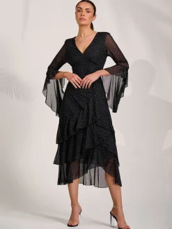 Ruffle Sleeve Tiered Mesh Midaxi Dress, Black Spot