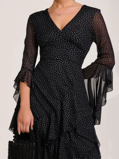Ruffle Sleeve Tiered Mesh Midaxi Dress, Black Spot