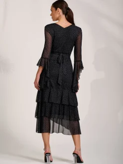 Ruffle Sleeve Tiered Mesh Midaxi Dress, Black Spot