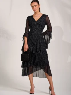 Ruffle Sleeve Tiered Mesh Midaxi Dress, Black Spot