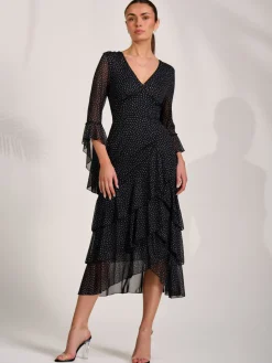 Ruffle Sleeve Tiered Mesh Midaxi Dress, Black Spot