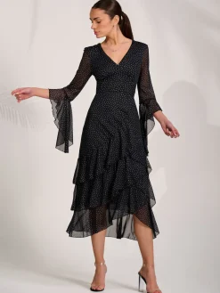 Ruffle Sleeve Tiered Mesh Midaxi Dress, Black Spot